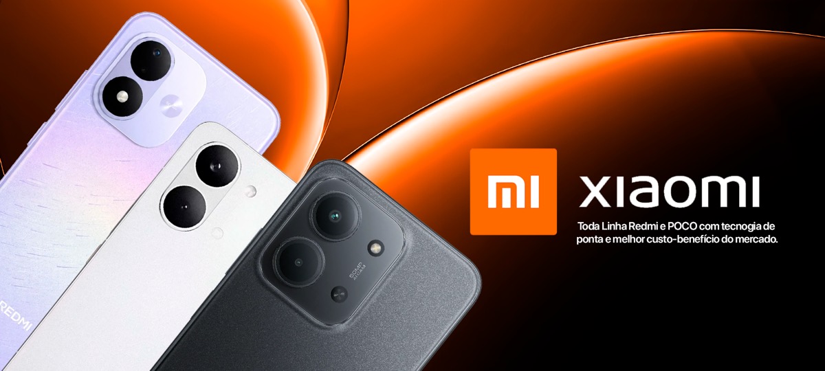 Celulares Xiaomi Redmi e POCO nas cores lilás, branco e preto com a logo da Xiaomi